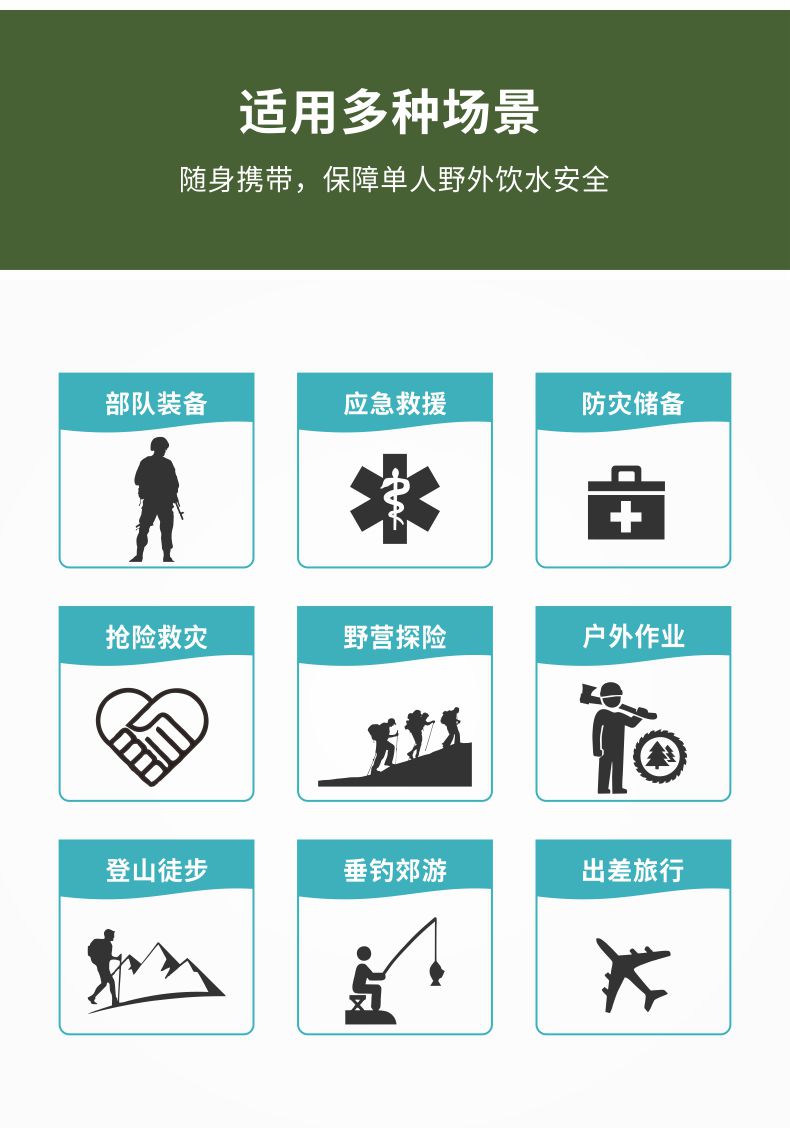 凈易單兵野外便攜式已經(jīng)凈水器應(yīng)用于應(yīng)急救災(zāi)、部隊裝備、戶外旅游等場合