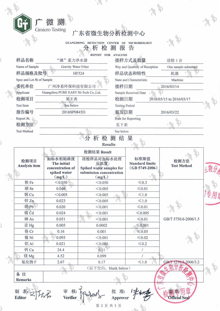 凈易重力凈水器對水中鉛、鎘、鉻、汞、砷、氟化物等可溶性的離子有明顯的去除效果。